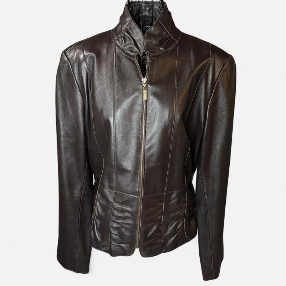 Marvin Richards Brown Leather Jacket Size Large Ruched Waist Funnel Neck Moto